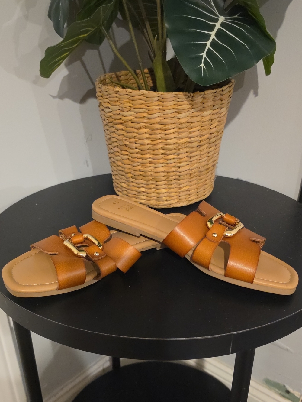 Women's Tan Slide Sandals with Gold Buckle